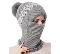 FEOYA Women Winter Balaclava Pullover Knitted Hat Mask Set Warm Hooded Scarf Fleece Face Cover Ski Cap for Snowboard Outdoor Sports B-Grey