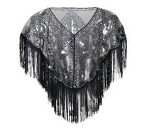 FEOYA Women's 1920s Shawl Sequin Beaded Evening Cape Flapper Shrug Retro Tulle Tassel Shawls Vintage Mesh Fringe Shawl Wraps Shiny Short Fringed Art Deco Wrap Bridal Party Wedding Gatsby Black Silver