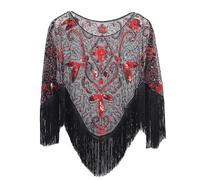FEOYA Women's 1920s Shawl Sequin Beaded Evening Cape Flapper Shrug Retro Tulle Tassel Shawls Vintage Mesh Fringe Shawl Wraps Shiny Short Fringed Art Deco Wrap for Bridal Party Wedding Gatsby Black Red