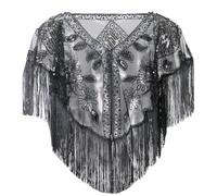 FEOYA Women's 1920s Shawl Sequin Beaded Evening Cape Flapper Shrug Retro Tulle Tassel Shawls Vintage Mesh Fringe Shawl Wraps Shiny Short Fringed Art Deco Wrap Bridal Party Wedding Great Gatsby Black