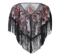 FEOYA Women's 1920s Shawl Sequin Beaded Evening Cape Flapper Shrug Retro Tulle Tassel Shawls Vintage Mesh Fringe Shawl Wraps Shiny Short Fringed Art Deco Wrap for Bridal Party Wedding Gatsby Black Red