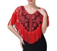 FEOYA Women's 1920s Shawl Sequin Beaded Evening Cape Flapper Shrug Retro Tulle Tassel Shawls Vintage Mesh Fringe Shawl Wraps Shiny Short Fringed Art Deco Wrap for Bridal Party Wedding Great Gatsby Red