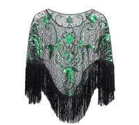 FEOYA Women's 1920s Shawl Sequin Beaded Evening Cape Flapper Shrug Retro Tulle Tassel Shawls Vintage Mesh Fringe Shawl Wraps Shiny Short Fringed Art Deco Wrap Bridal Party Wedding Gatsby Black Green