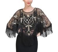 FEOYA Womens 1920s Shawl Sequin Beaded Evening Cape Flapper Shrug Retro Tulle Tassel Shawls Vintage Mesh Fringe Shawl Wraps Shiny Short Fringed Art Deco Wrap for Bridal Party Wedding Gatsby Black Gold