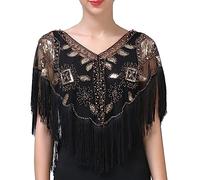 FEOYA Womens 1920s Shawl Sequin Beaded Evening Cape Flapper Shrug Retro Tulle Tassel Shawls Vintage Mesh Fringe Shawl Wraps Shiny Short Fringed Art Deco Wrap for Bridal Party Wedding Gatsby Black Gold