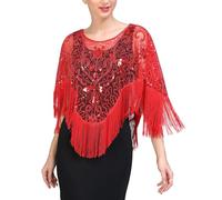 FEOYA Women's 1920s Shawl Sequin Beaded Evening Cape Flapper Shrug Retro Tulle Tassel Shawls Vintage Mesh Fringe Shawl Wraps Shiny Short Fringed Art Deco Wrap for Bridal Party Wedding Great Gatsby Red