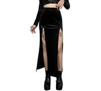 FEOYA Women's Bodycon Long Skirt High Waisted Gothic Skinny Punk With Split Velvet Pencil Elasticated Waist Double Side Split Pull On Maxi Y2K Cosplay Black S