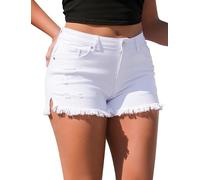 FEOYA Women's Denim Shorts Elastic Jeans Short Mid Waisted Hot Wear Ladies Summer Pants with Pockets Solid Jean Pant White XL