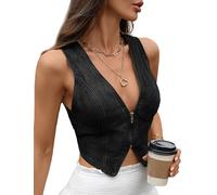 FEOYA Women's Denim Waistcoat Vest Vintage Croppped Sleeveless Tank Top Deep V-Neck Back Slit Jean Gilet with Front Zip Slim Vest B2 XL