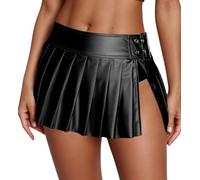 FEOYA Womens Emo Pleated Skirts Y2K Pu Leather Outfits Micro Mini Miniskirt Pleather Low Rise Clubwear Cute Slit Skirt Black S