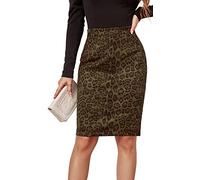 FEOYA Women's Faux Suede Leopard Print Skirt High Waisted Bodycon Pencil Skirt Above The Knee Split Zip Up Sexy Printed Skirts Autumn Winter Spring Warm Stretch Army Green L