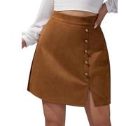 FEOYA Women's Faux Suede Mini Skirt - High Waisted Bodycon Side Split with Zip Up - Sexy Skinny A Line Skirt - Stretch Slim Fit Solid Color for Autumn Winter Spring - Warm Khaki L