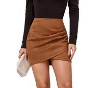 FEOYA Women's Faux Suede Mini Skirt High Waisted Ruched Bodycon Skirt with Zip Up Sexy Irregular Stretch Slim Fit Skinny A Line Skirts Solid Color for Autumn Winter Spring Warm Khaki S