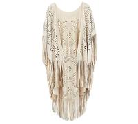 FEOYA Women's Fringe Shawl Beige Ladies Tassel Cape Faux Suede Wraps Open Front Poncho Cape Asymmetric Hollow Out Cardigan Loose Hippie Oversized Shawls and Wraps for Women UK Retro Vintage Cover Up