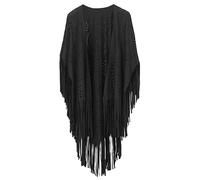 FEOYA Women's Fringe Shawl Black Ladies Tassel Cape Faux Suede Wraps Open Front Poncho Cape Asymmetric Hollow Out Cardigan Loose Hippie Oversized Shawls and Wraps for Women UK Retro Vintage Cover Up
