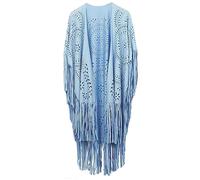 FEOYA Women's Fringe Shawl Blue Ladies Tassel Cape Faux Suede Wraps Open Front Poncho Cape Asymmetric Hollow Out Cardigan Loose Hippie Oversized Shawls and Wraps for Women UK Retro Vintage Cover Up
