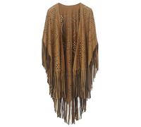FEOYA Women's Fringe Shawl Camel Ladies Tassel Cape Faux Suede Wraps Open Front Poncho Cape Asymmetric Hollow Out Cardigan Loose Hippie Oversized Shawls and Wraps for Women UK Retro Vintage Cover Up