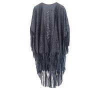 FEOYA Women's Fringe Shawl Grey Ladies Tassel Cape Faux Suede Wraps Open Front Poncho Cape Asymmetric Hollow Out Cardigan Loose Hippie Oversized Shawls and Wraps for Women UK Retro Vintage Cover Up