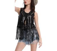 FEOYA Women's Fringe Vest Sparkly Sequin Gilet Top Glitter Tassel Waistcoat for Women Shiny Open Front Cardigan Ladies Retro Hippie Sleeveless Jacket Sparkle Vest Top Party Prom Rave Disco Black M
