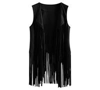 FEOYA Women's Gilet Fringe Vest Tassel Waistcoat Open Front Cardigans Faux Suede Sleeveless Jacket Coat Retro Vintage Hippie Gilet Plus Size Casual Loose Lapel Vest Top Spring Autumn Winter Black L