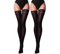 FEOYA Women's Glossy Thigh High Stockings Shiny Hold Ups 8 Denier Sexy Lace Top Stay Up Nylon Sheer Stockings 2 Pack Black