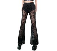 FEOYA Women's Gothic Flared Velvet Trousers Black L High Waist Bell Bottoms Mesh See Through Lace Flare Trousers for Women Sexy Transparent Holllow Out Punk Goth Pants Streetwear Halloween Leggings
