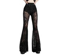 FEOYA Womens Gothic Flared Velvet Trousers Black L High Waisted Bell Bottoms Mesh See Through Lace Flare Trousers for Women Holllow Out Skinny Punk Goth Pants Streetwear Halloween Leggings Transparent
