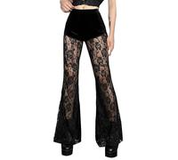 FEOYA Womens Gothic Flared Velvet Trousers Black L High Waisted Bell Bottoms Mesh See Through Lace Flare Trousers for Women Transparent Holllow Out Skinny Punk Goth Pants Streetwear Halloween Leggings