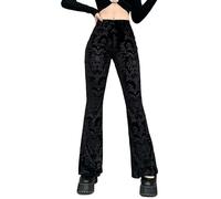 FEOYA Women's Gothic Flared Velvet Trousers Black L High Waisted Bell Bottoms See Through Flare Trousers for Women UK Holllow Out Skinny Slim Fit Punk Goth Pants Streetwear Halloween Leggings Yoga