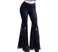 FEOYA Womens Gothic Flared Velvet Trousers Black L High Waisted Bell Bottoms See Through Lace Flare Trousers for Women UK Holllow Out Skinny Slim Fit Punk Goth Pants Streetwear Halloween Leggings Yoga