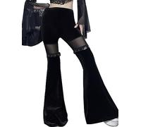 FEOYA Women's Gothic Flared Velvet Trousers Black S High Waist Bell Bottoms Mesh See Through Lace Flare Trousers for Women UK Sexy Patchwork Holllow Out Punk Goth Pants Streetwear Halloween Leggings