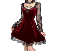 FEOYA Women's Gothic Lace Trumpet Sleeve Steampunk Dress - V Neck Retro Victorian Medieval Ruffle Midi Punk Elegant Vintage Cosplay Halloween Short Goth - Wine Red S