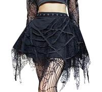 FEOYA Women's Gothic Mini Skirt - Short Punk High Waisted A Line With Elasticated Waist, Mesh Cotton Retro Vintage Pull On Tassel Fringe Streetwear Y2K Harajuku Black L