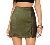 FEOYA Women's High Waist Bodycon Skirt - Leopard Print Split Mini A Line Short Faux Suede Skinny Skirt - Army Green S