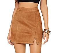 FEOYA Women's High Waist Bodycon Skirt Short Faux Suede Leopard Print Skirt Ladies A Line Skinny Split Mini Skirts Khaki M