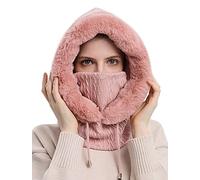 FEOYA Womens Knitted Balaclava Hat Fleece Hood Winter Hat with Neck and Face Cover Mask Warmer Thick Winter Hat for Outdoor Cycling Skiing A-Pink