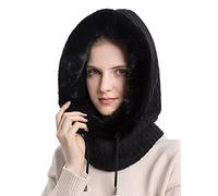 FEOYA Womens Knitted Balaclava Hat Fleece Hood Winter Hat with Neck and Face Cover Mask Warmer Thick Winter Hat for Outdoor Cycling Skiing A-Black
