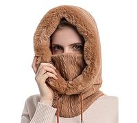 FEOYA Womens Knitted Balaclava Hat Fleece Hood Winter Hat with Neck and Face Cover Mask Warmer Thick Winter Hat for Outdoor Cycling Skiing A-Khaki