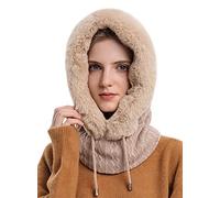 FEOYA Womens Knitted Balaclava Hat Fleece Hood Winter Hat with Neck and Face Cover Mask Warmer Thick Winter Hat for Outdoor Cycling Skiing A-Beige