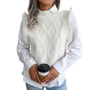 FEOYA Women's Knitted Vest Tops Round Crew Neck Sleeveless Jumper Sweater Vest Argyle Knit Tank Top Pullover Waistcoat Solid Color Loose Fit Knitwear School Streetwear Autumn Winter Spring 04 White M