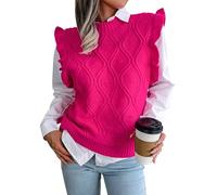 FEOYA Women's Knitted Vest Tops Round Crew Neck Sleeveless Jumper Sweater Vest Argyle Knit Tank Top Pullover Waistcoat Solid Loose Fit Knitwear School Streetwear Autumn Winter Spring 04 Rose Red L