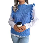 FEOYA Women's Knitted Vest Tops Round Crew Neck Sleeveless Jumper Sweater Vest Argyle Knit Tank Top Pullover Waistcoat Solid Color Loose Fit Knitwear School Streetwear Autumn Winter Spring 04 Blue S