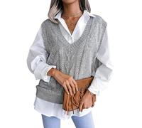 FEOYA Women's Knitted Vest Tops V Neck Sleeveless Jumper Argyle Sweater Vest Twist Knit Tank Top Preppy Pullover Waistcoat Solid Color Loose Fit Knitwear Streetwear Autumn Winter Spring 06 Grey S
