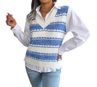 FEOYA Women's Knitted Vest Tops V Neck Sleeveless Jumper Plaid Striped Sweater Vest Knit Tank Top Pullover Waistcoat Loose Fit Preppy Knitwear School Streetwear Autumn Winter Spring Classic 02 Blue S