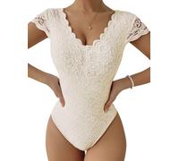 FEOYA Womens Lace Bodysuit Sexy Ladies Short Sleeve Floral Lace Deep V-Neck Bodysuits One Piece Snap Crotch Leotard Top Slim Fit for Ladies Going Out Nightclub Shapewear Apricot L