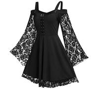 FEOYA Women's Lace Gothic Dress with Long Sleeves - Steampunk & Victorian Medieval Style Plus Size Elegant Midi Dress - Cold Shoulder - Vintage Cosplay & Halloween - Black XL