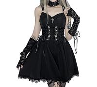 FEOYA Women's Lace Gothic Spaghetti Strap Mini Dress - Goth Steampunk Camisole Bandage Strappy Short A Line Retro Punk Black M V Neck Sleeveless Vintage Cosplay Halloween