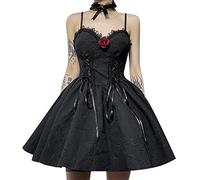 FEOYA Women's Lace Gothic Spaghetti Strap Mini Dress - Goth Steampunk Camisole Bandage Strappy Short A Line Retro Punk Black M Sleeveless Vintage Cosplay Halloween Corset
