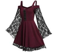 FEOYA Women's Lace Gothic Steampunk Dress - Long Sleeve Plus Size Retro Victorian Medieval Style - Casual Strappy Cold Shoulder Midi - Elegant Vintage Cosplay Halloween - Wine Red XXL