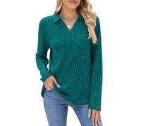 FEOYA Womens Long Sleeve Tops Ladies Long Sleeve V-Neck Knitted Jumper Lightweight Knit Jumpers Everyday Casual Pullover Plain Tops Sweatshirt Tops Green M